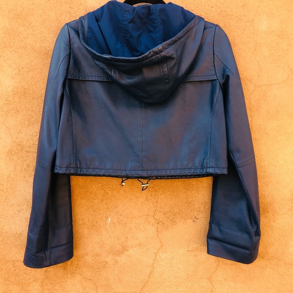 🔥SOLD🔥 Leather Blue Cropped Hoodie Jacket - Picture 3 of 14